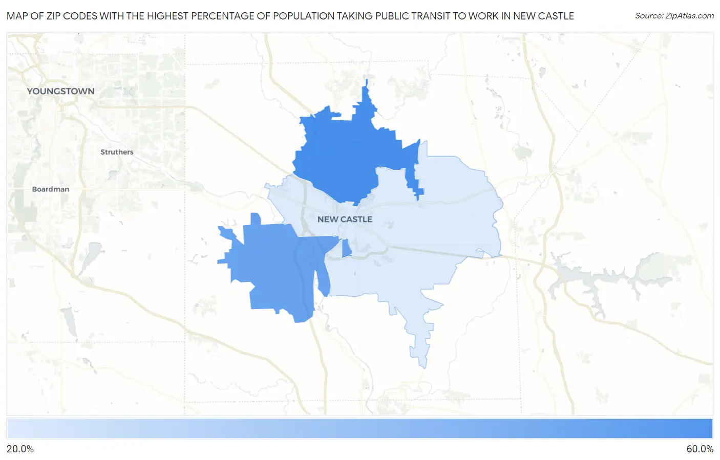 Zip Codes with the Highest Percentage of Population Taking Public Transit to Work in New Castle Map