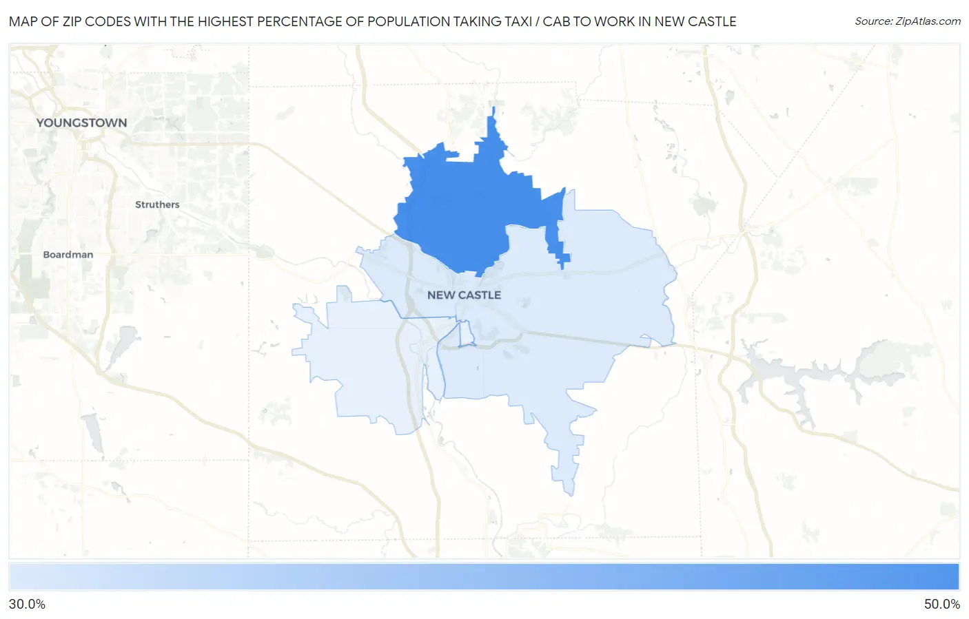 Zip Codes with the Highest Percentage of Population Taking Taxi / Cab to Work in New Castle Map
