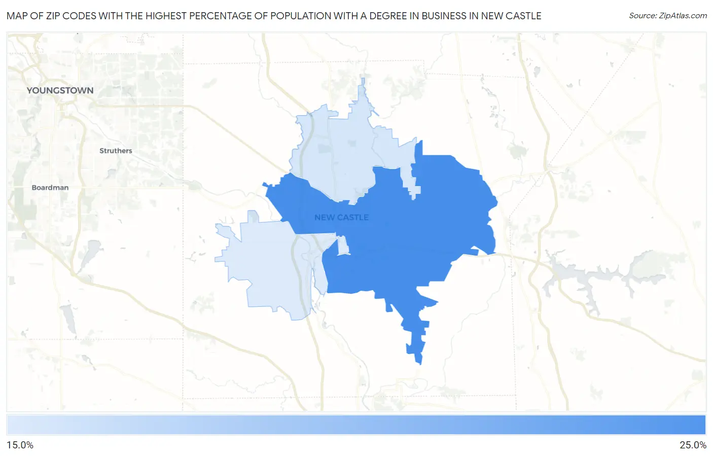 Zip Codes with the Highest Percentage of Population with a Degree in Business in New Castle Map