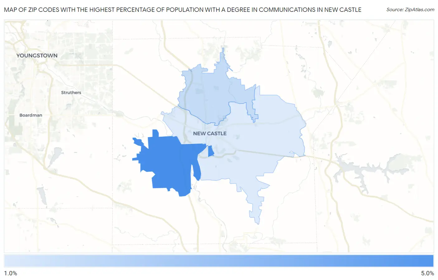 Zip Codes with the Highest Percentage of Population with a Degree in Communications in New Castle Map