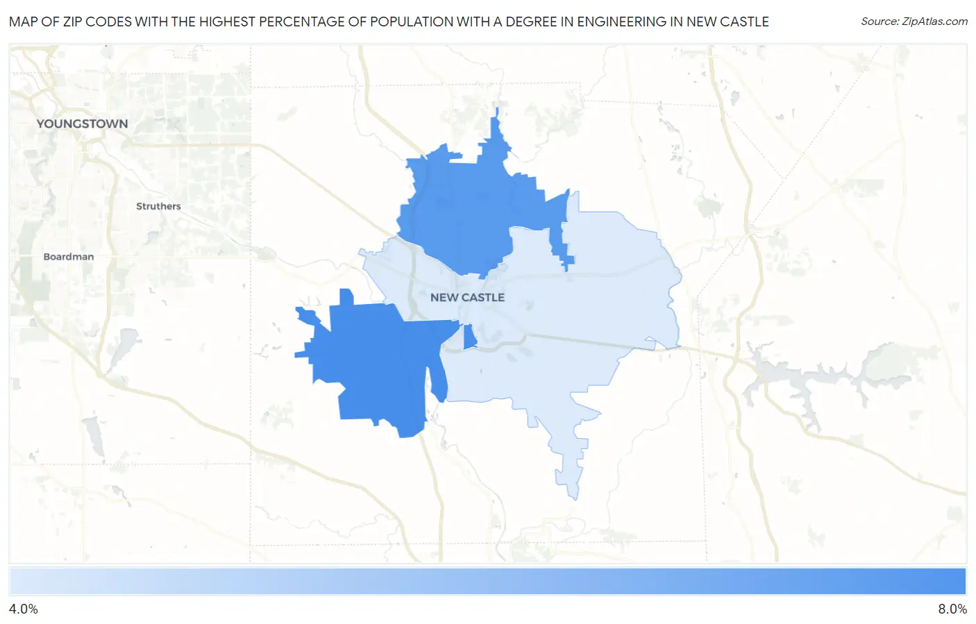 Zip Codes with the Highest Percentage of Population with a Degree in Engineering in New Castle Map
