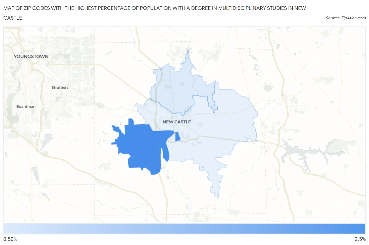 Zip Codes with the Highest Percentage of Population with a Degree in Multidisciplinary Studies in New Castle Map
