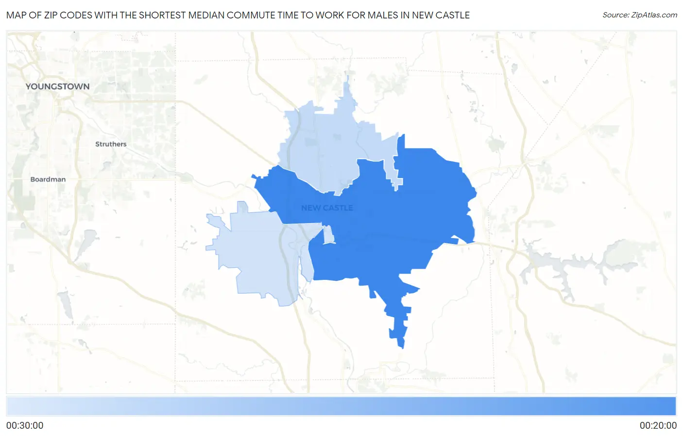 Zip Codes with the Shortest Median Commute Time to Work for Males in New Castle Map