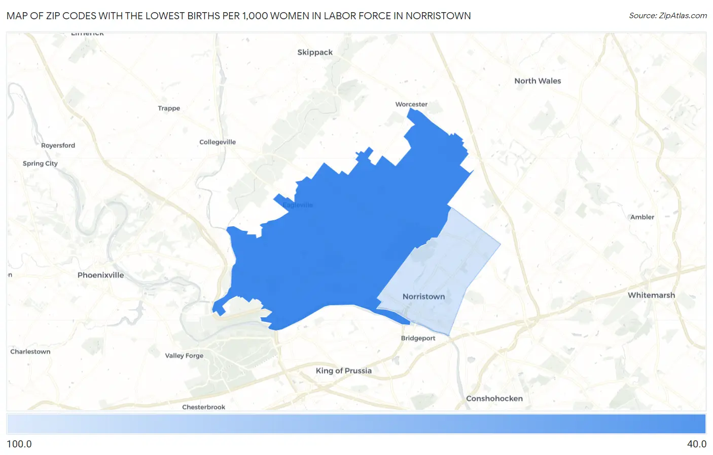 Zip Codes with the Lowest Births per 1,000 Women in Labor Force in Norristown Map