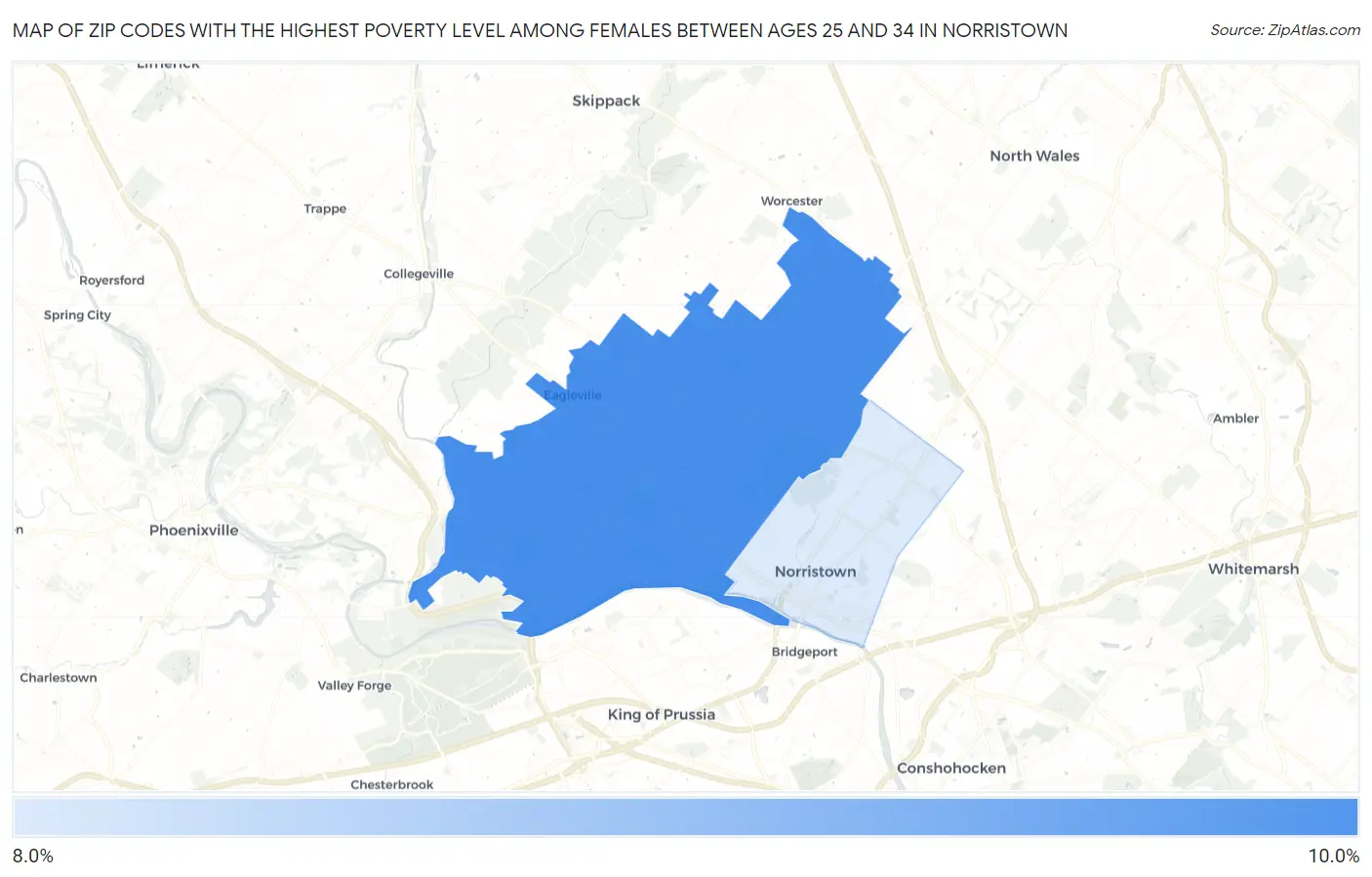 Zip Codes with the Highest Poverty Level Among Females Between Ages 25 and 34 in Norristown Map