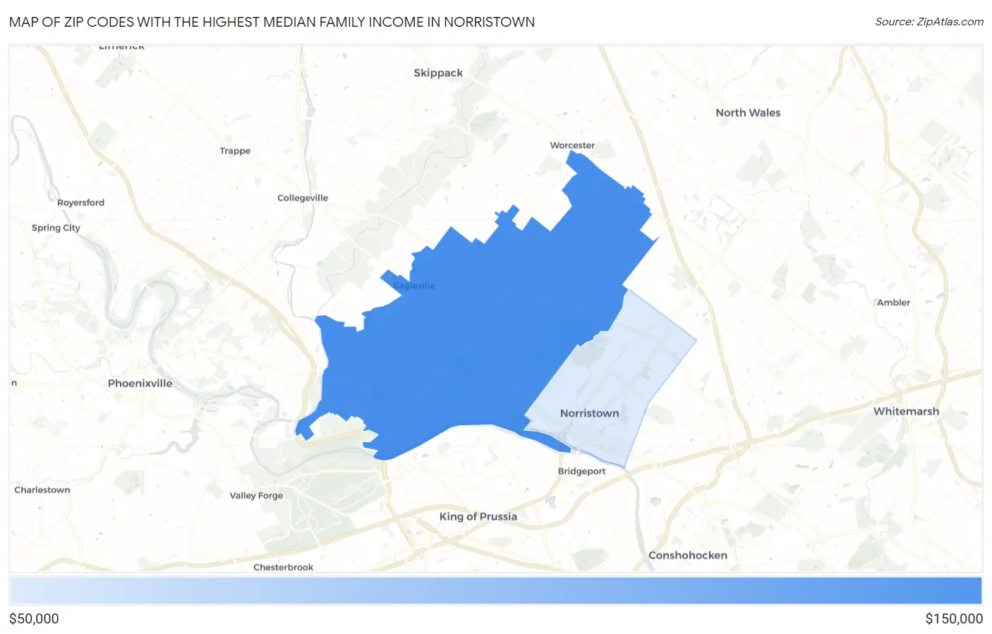 Zip Codes with the Highest Median Family Income in Norristown Map