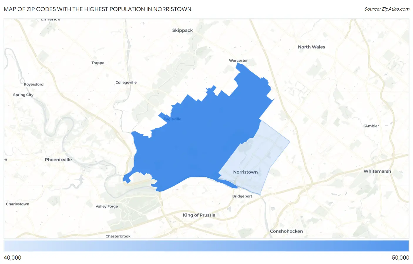 Zip Codes with the Highest Population in Norristown Map