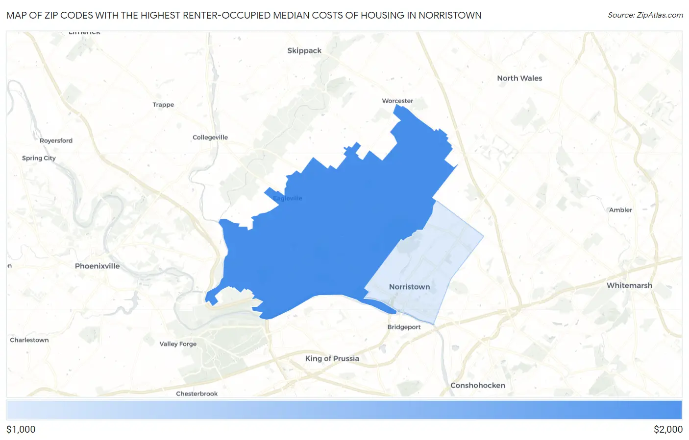 Zip Codes with the Highest Renter-Occupied Median Costs of Housing in Norristown Map
