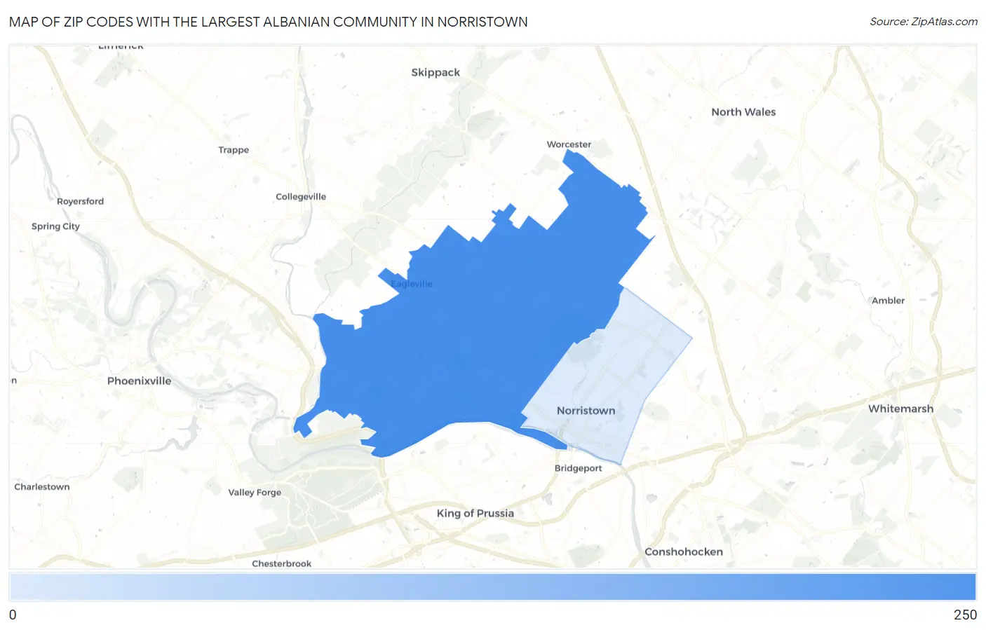 Zip Codes with the Largest Albanian Community in Norristown Map