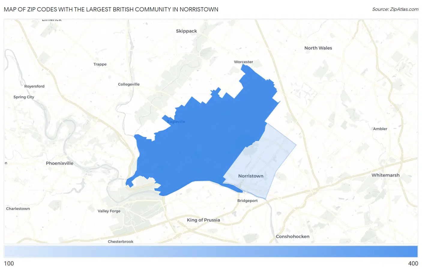 Zip Codes with the Largest British Community in Norristown Map