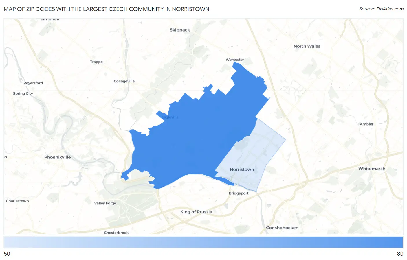 Zip Codes with the Largest Czech Community in Norristown Map