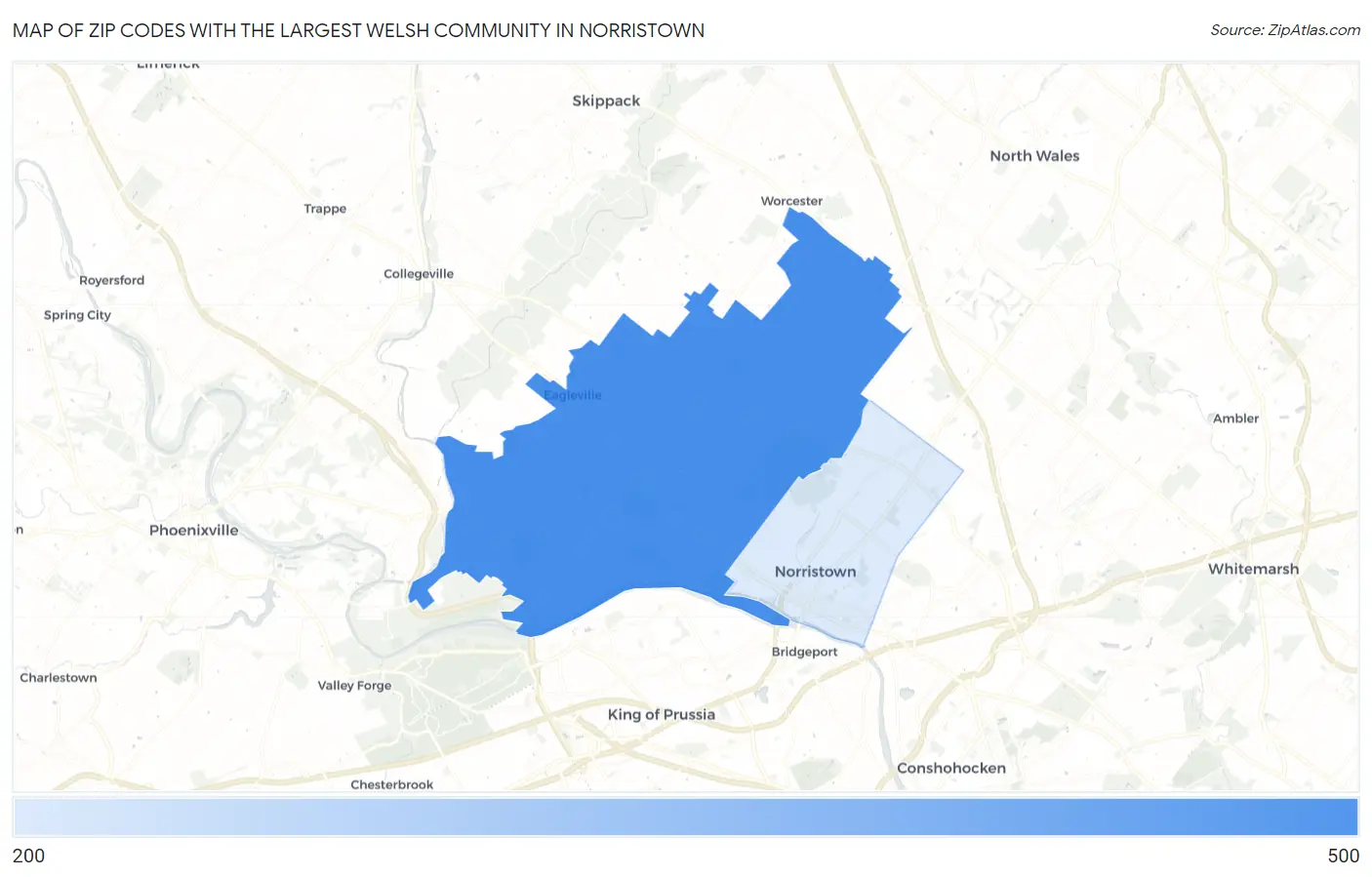 Zip Codes with the Largest Welsh Community in Norristown Map