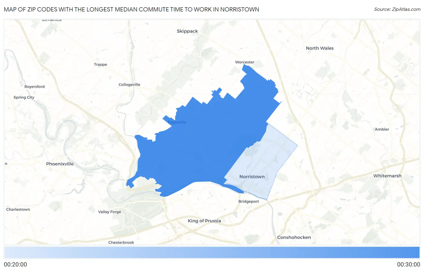 Zip Codes with the Longest Median Commute Time to Work in Norristown Map