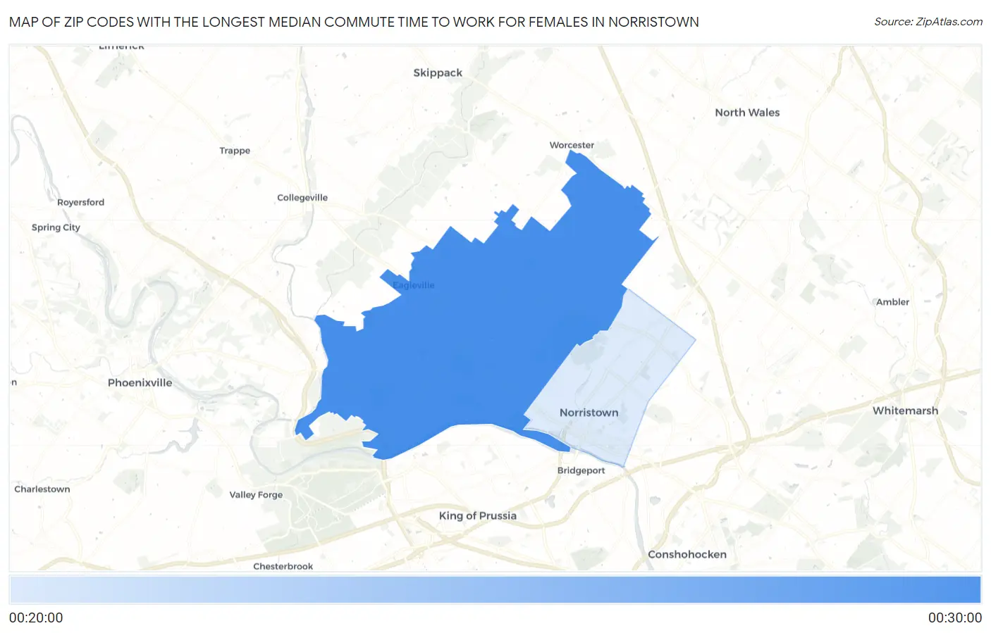 Zip Codes with the Longest Median Commute Time to Work for Females in Norristown Map