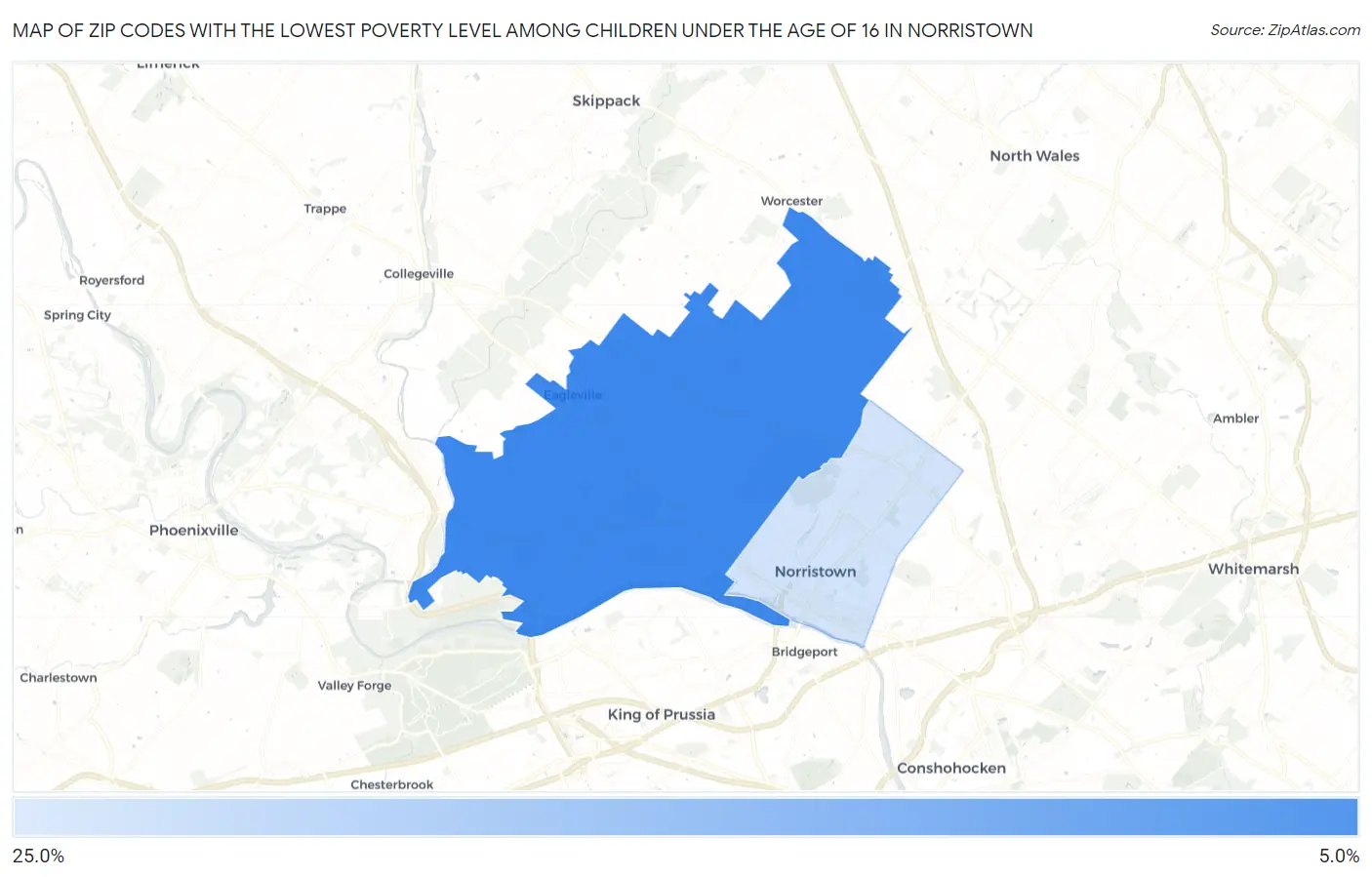 Zip Codes with the Lowest Poverty Level Among Children Under the Age of 16 in Norristown Map