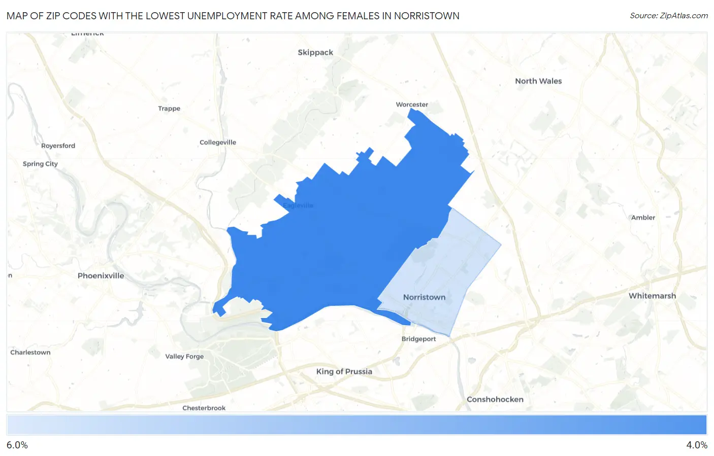 Zip Codes with the Lowest Unemployment Rate Among Females in Norristown Map
