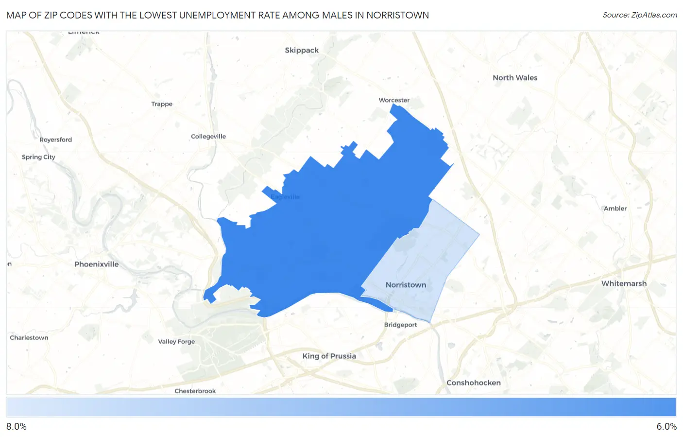Zip Codes with the Lowest Unemployment Rate Among Males in Norristown Map
