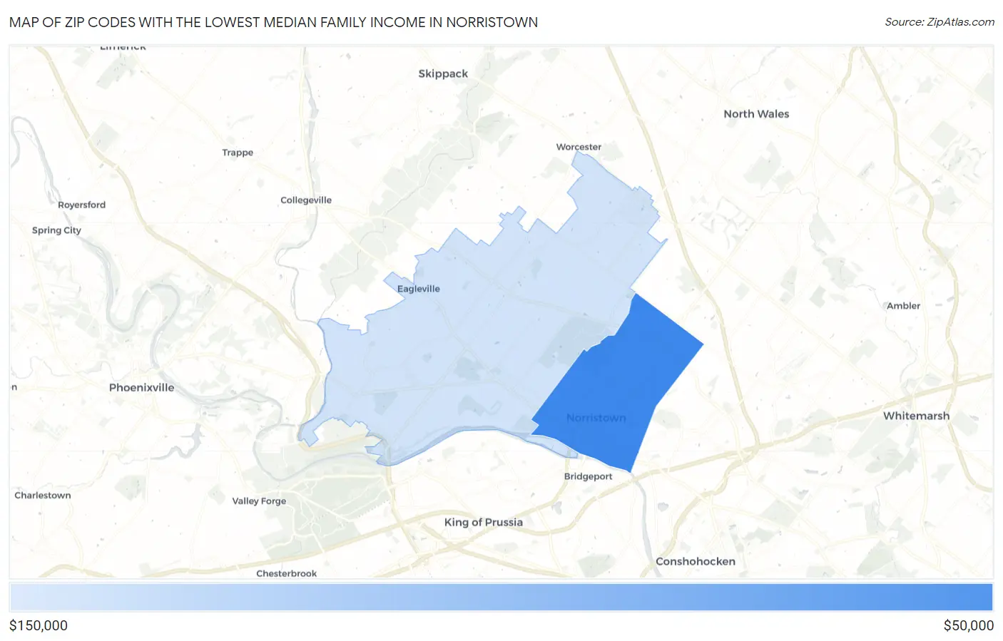 Zip Codes with the Lowest Median Family Income in Norristown Map
