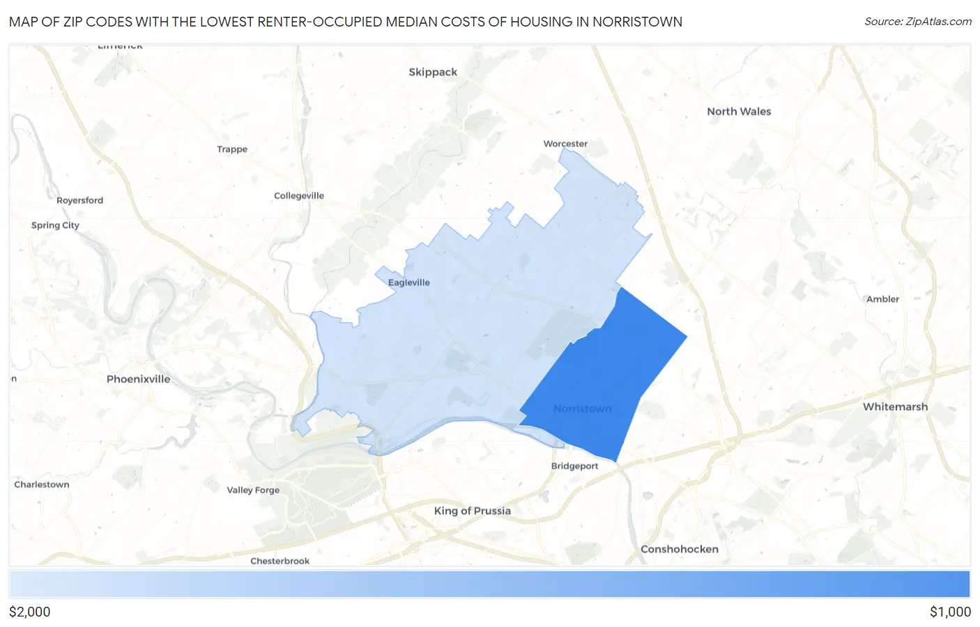 Zip Codes with the Lowest Renter-Occupied Median Costs of Housing in Norristown Map