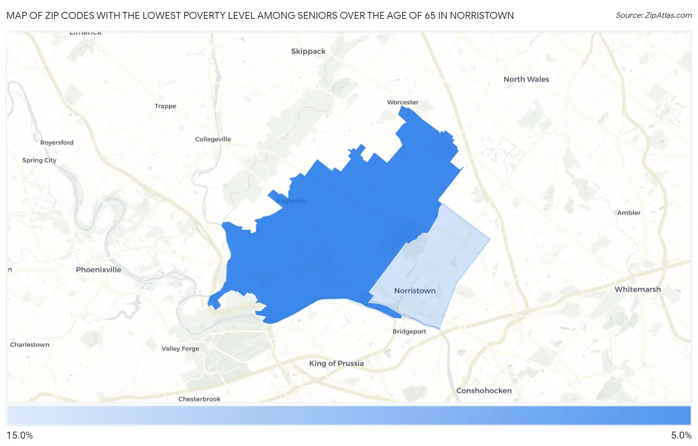 Zip Codes with the Lowest Poverty Level Among Seniors Over the Age of 65 in Norristown Map