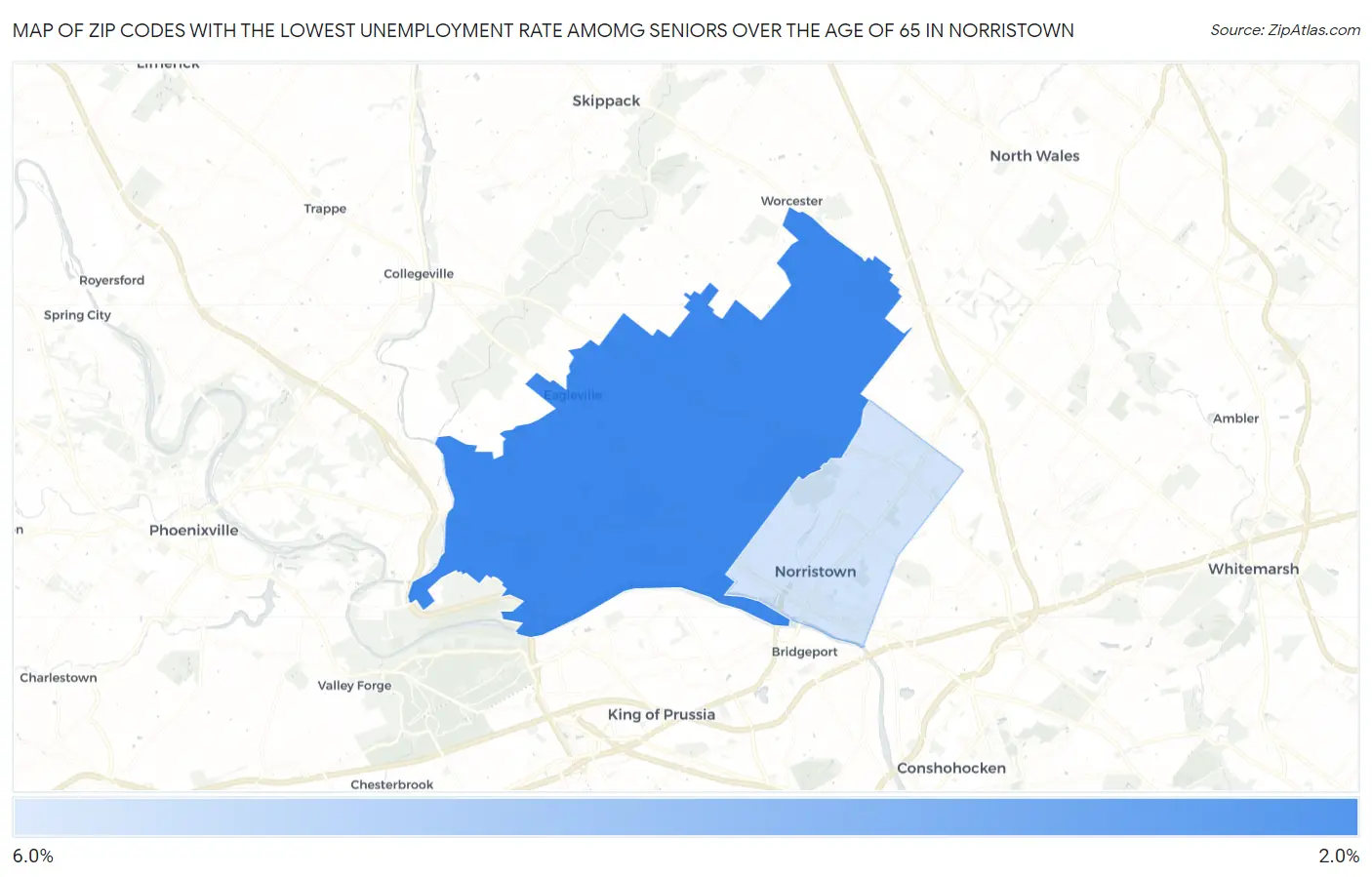 Zip Codes with the Lowest Unemployment Rate Amomg Seniors Over the Age of 65 in Norristown Map