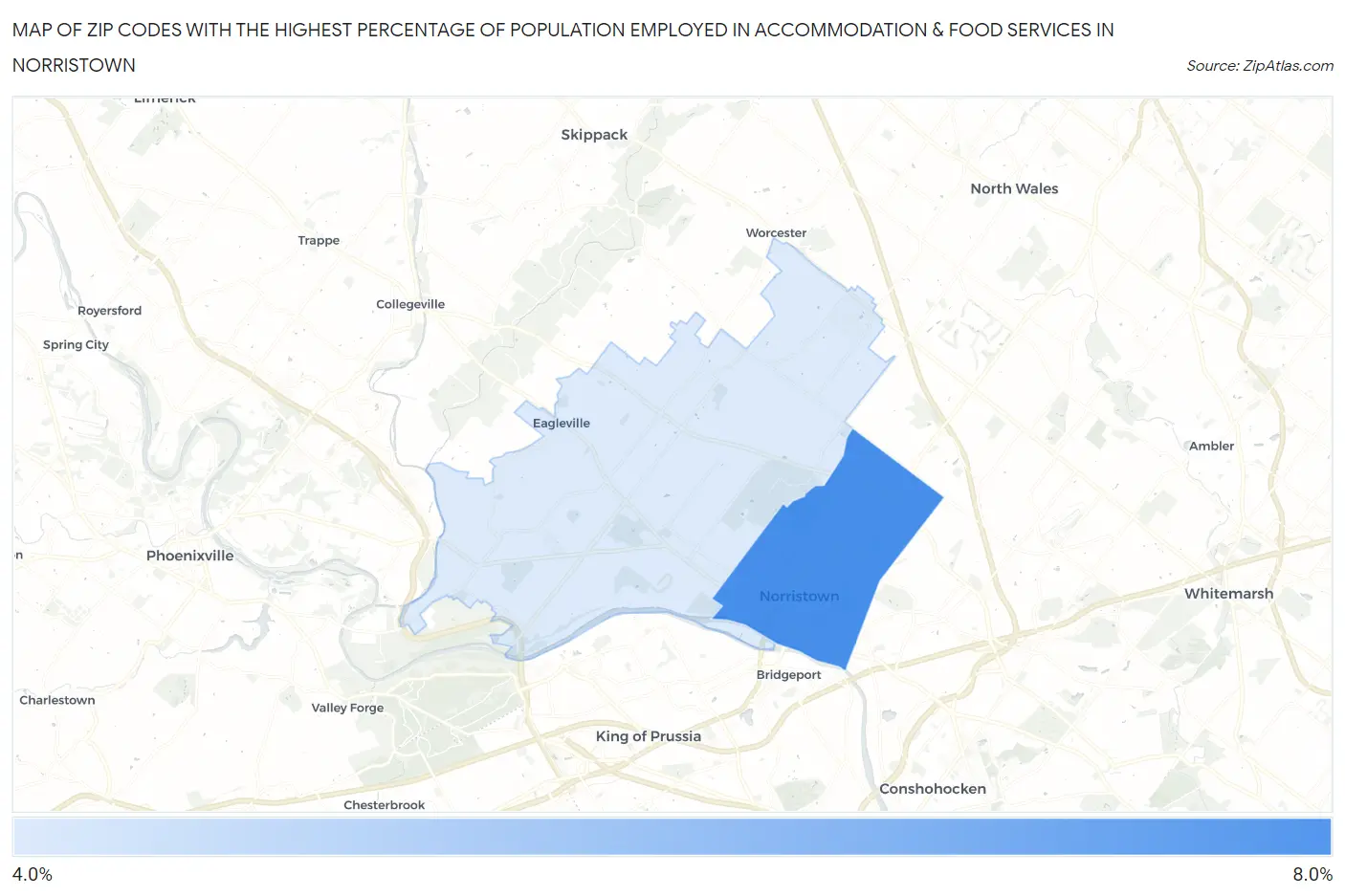 Zip Codes with the Highest Percentage of Population Employed in Accommodation & Food Services in Norristown Map