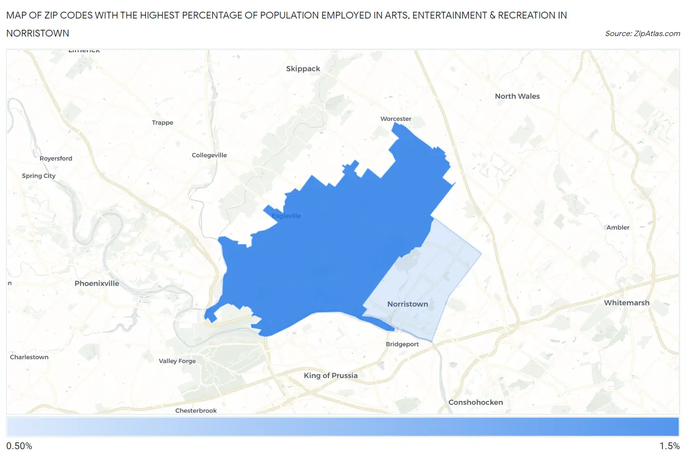 Zip Codes with the Highest Percentage of Population Employed in Arts, Entertainment & Recreation in Norristown Map