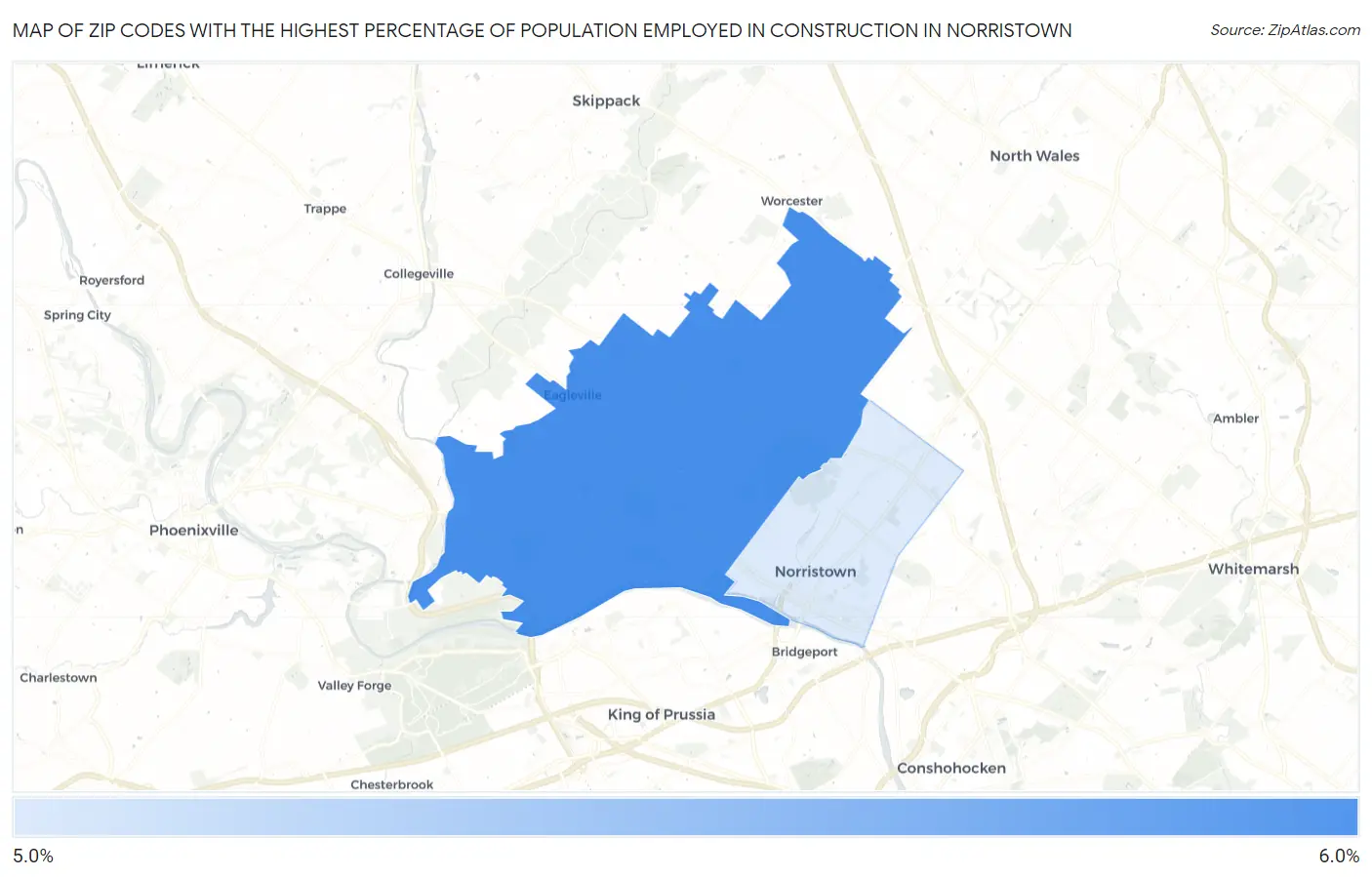 Zip Codes with the Highest Percentage of Population Employed in Construction in Norristown Map