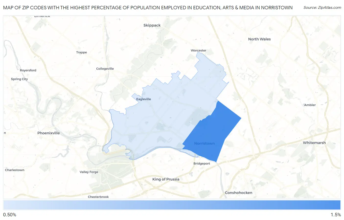 Zip Codes with the Highest Percentage of Population Employed in Education, Arts & Media in Norristown Map
