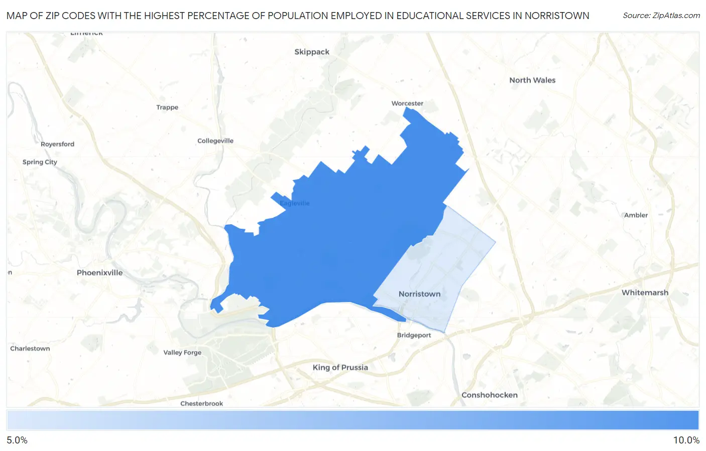 Zip Codes with the Highest Percentage of Population Employed in Educational Services in Norristown Map