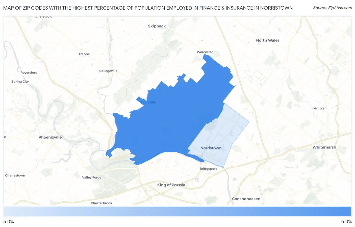 Zip Codes with the Highest Percentage of Population Employed in Finance & Insurance in Norristown Map