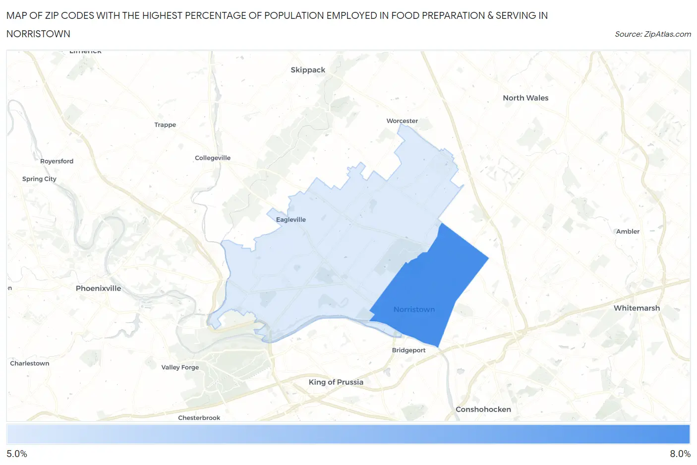 Zip Codes with the Highest Percentage of Population Employed in Food Preparation & Serving in Norristown Map