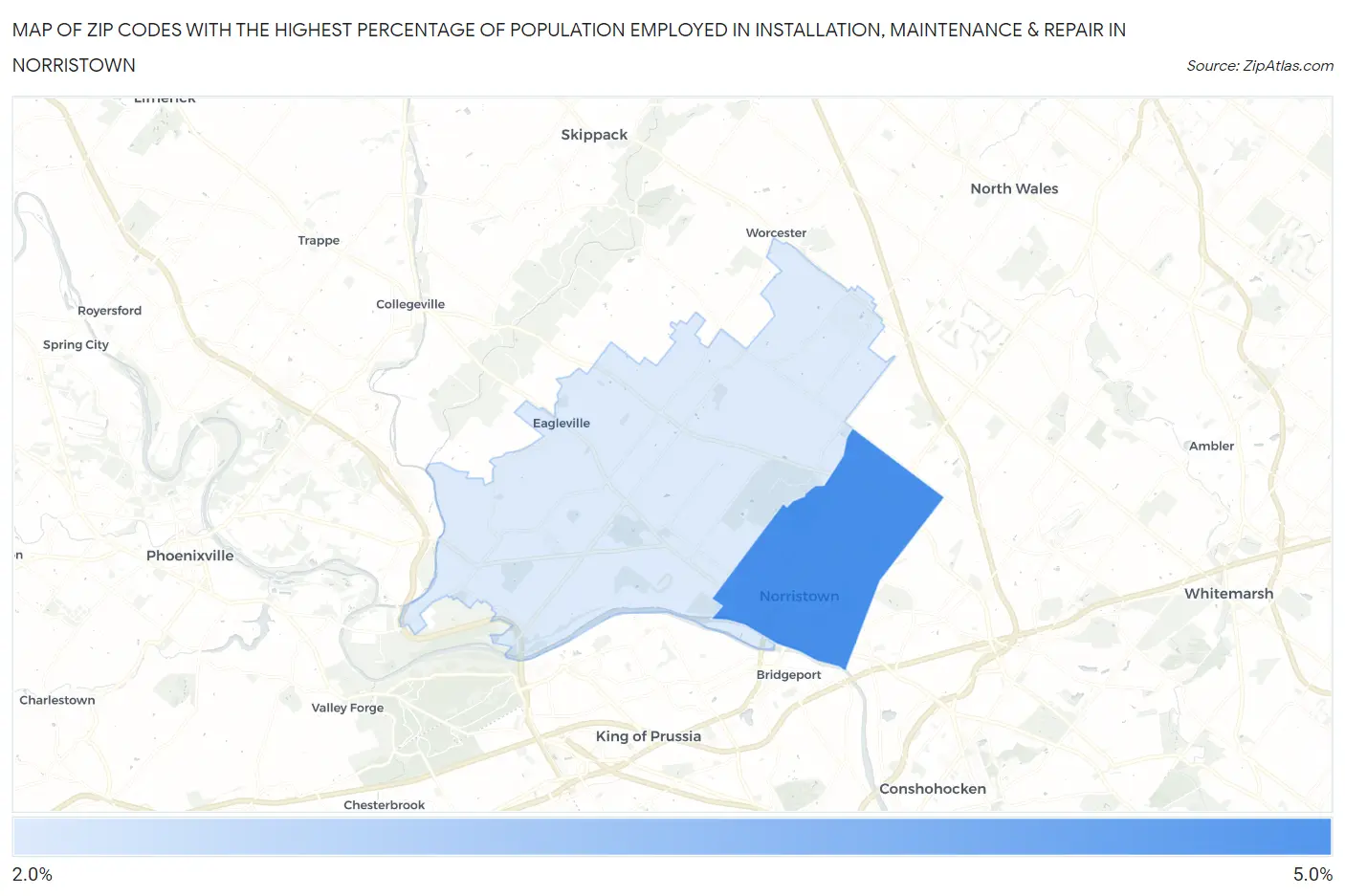 Zip Codes with the Highest Percentage of Population Employed in Installation, Maintenance & Repair in Norristown Map