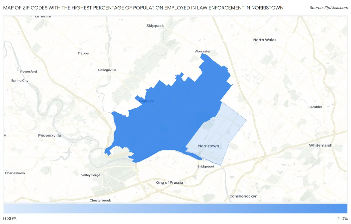 Zip Codes with the Highest Percentage of Population Employed in Law Enforcement in Norristown Map