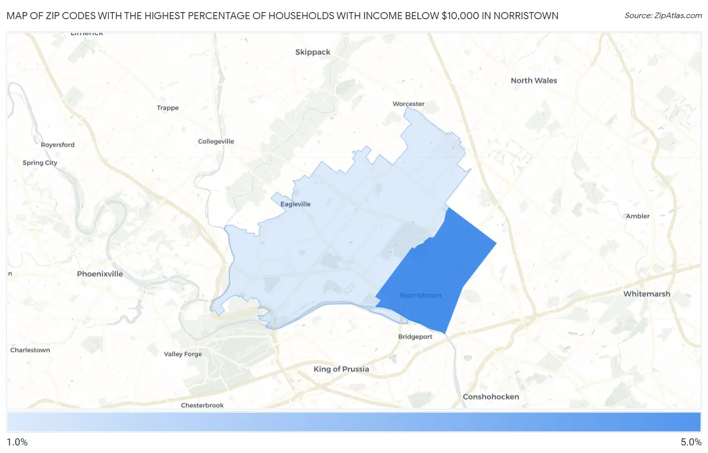 Zip Codes with the Highest Percentage of Households with Income Below $10,000 in Norristown Map