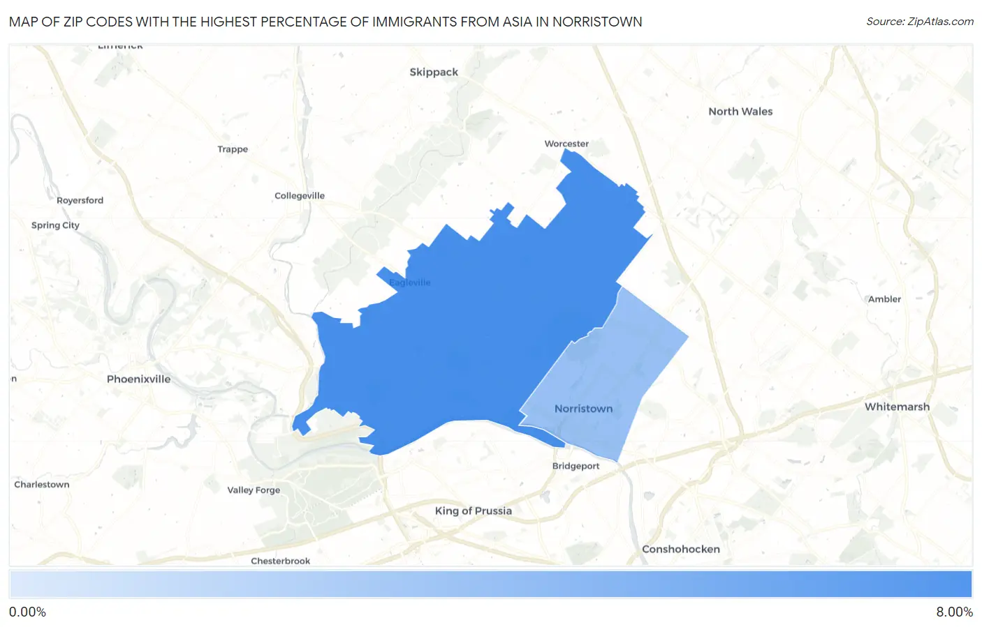Zip Codes with the Highest Percentage of Immigrants from Asia in Norristown Map