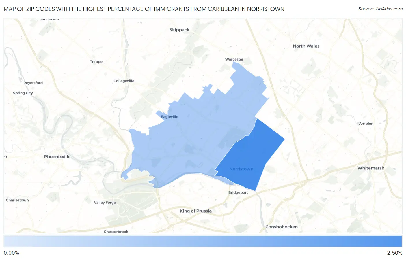 Zip Codes with the Highest Percentage of Immigrants from Caribbean in Norristown Map