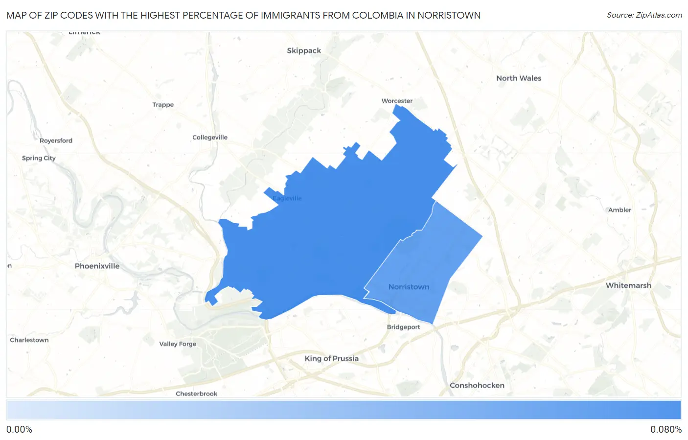 Zip Codes with the Highest Percentage of Immigrants from Colombia in Norristown Map