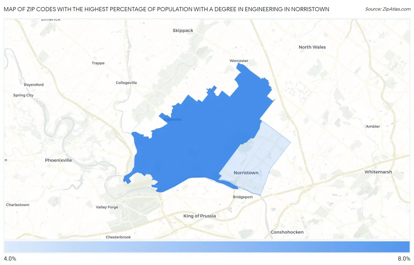 Zip Codes with the Highest Percentage of Population with a Degree in Engineering in Norristown Map