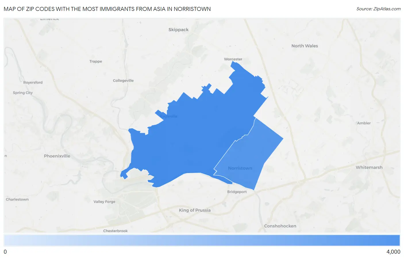 Zip Codes with the Most Immigrants from Asia in Norristown Map