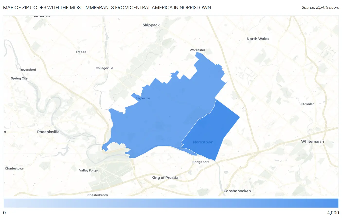 Zip Codes with the Most Immigrants from Central America in Norristown Map