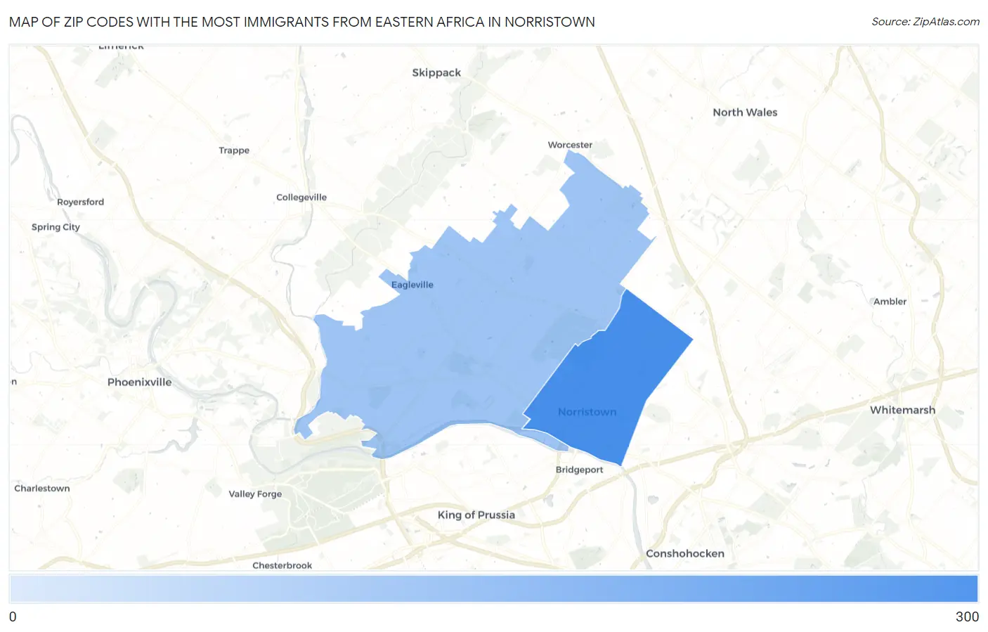 Zip Codes with the Most Immigrants from Eastern Africa in Norristown Map