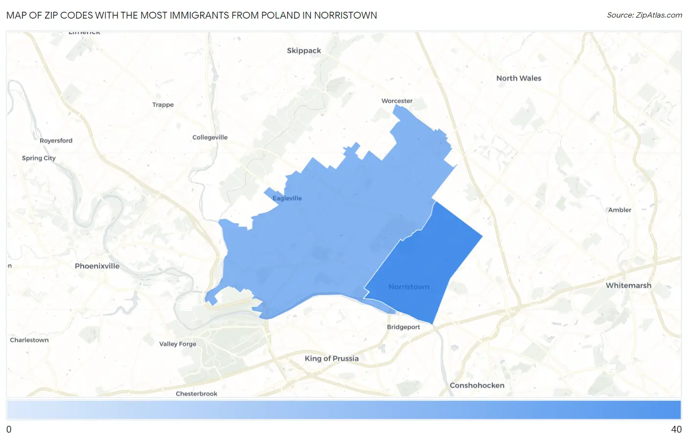 Zip Codes with the Most Immigrants from Poland in Norristown Map