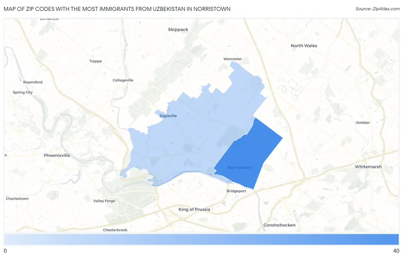 Zip Codes with the Most Immigrants from Uzbekistan in Norristown Map