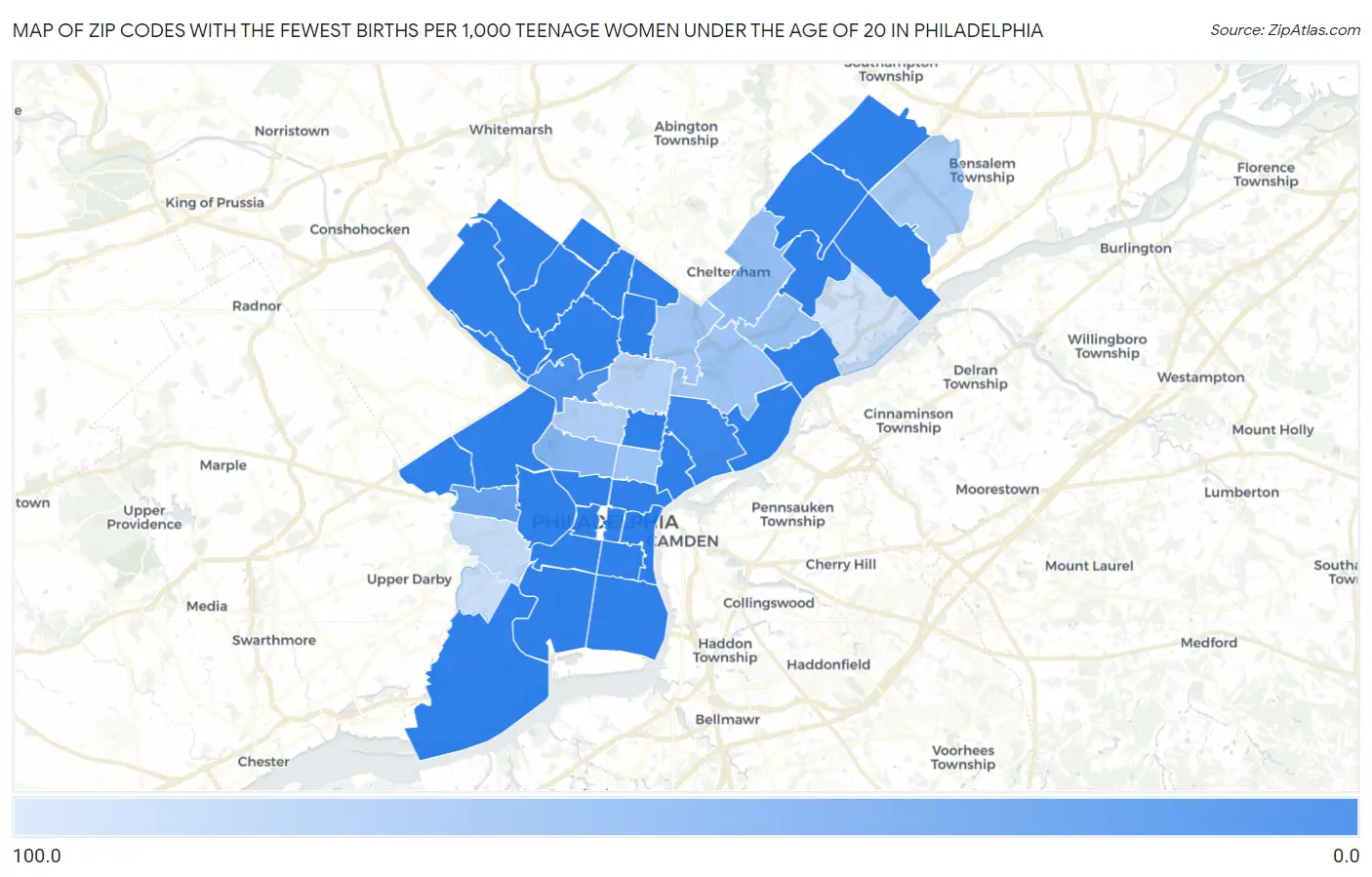 Zip Codes with the Fewest Births per 1,000 Teenage Women Under the Age of 20 in Philadelphia Map
