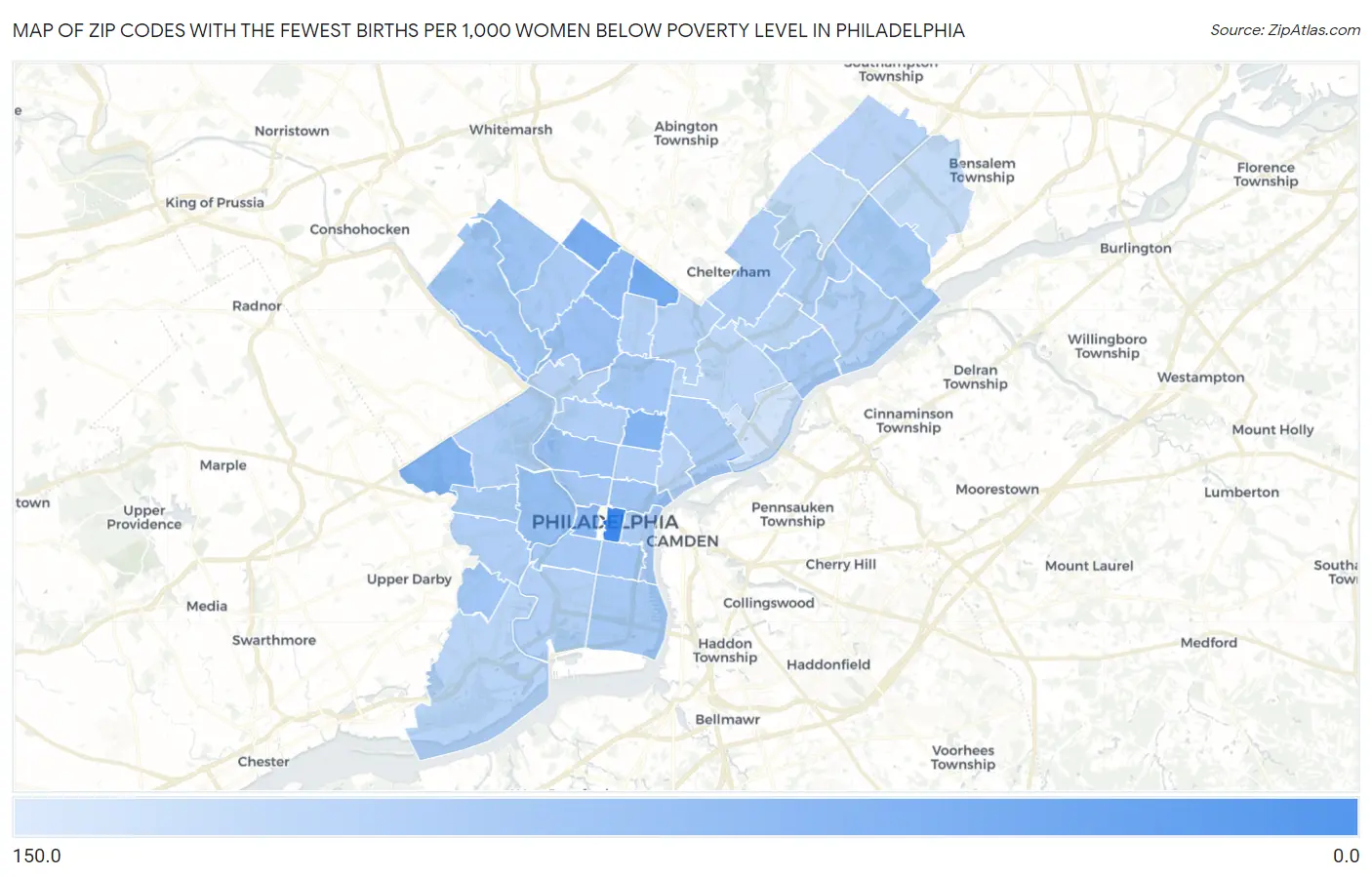 Zip Codes with the Fewest Births per 1,000 Women Below Poverty Level in Philadelphia Map