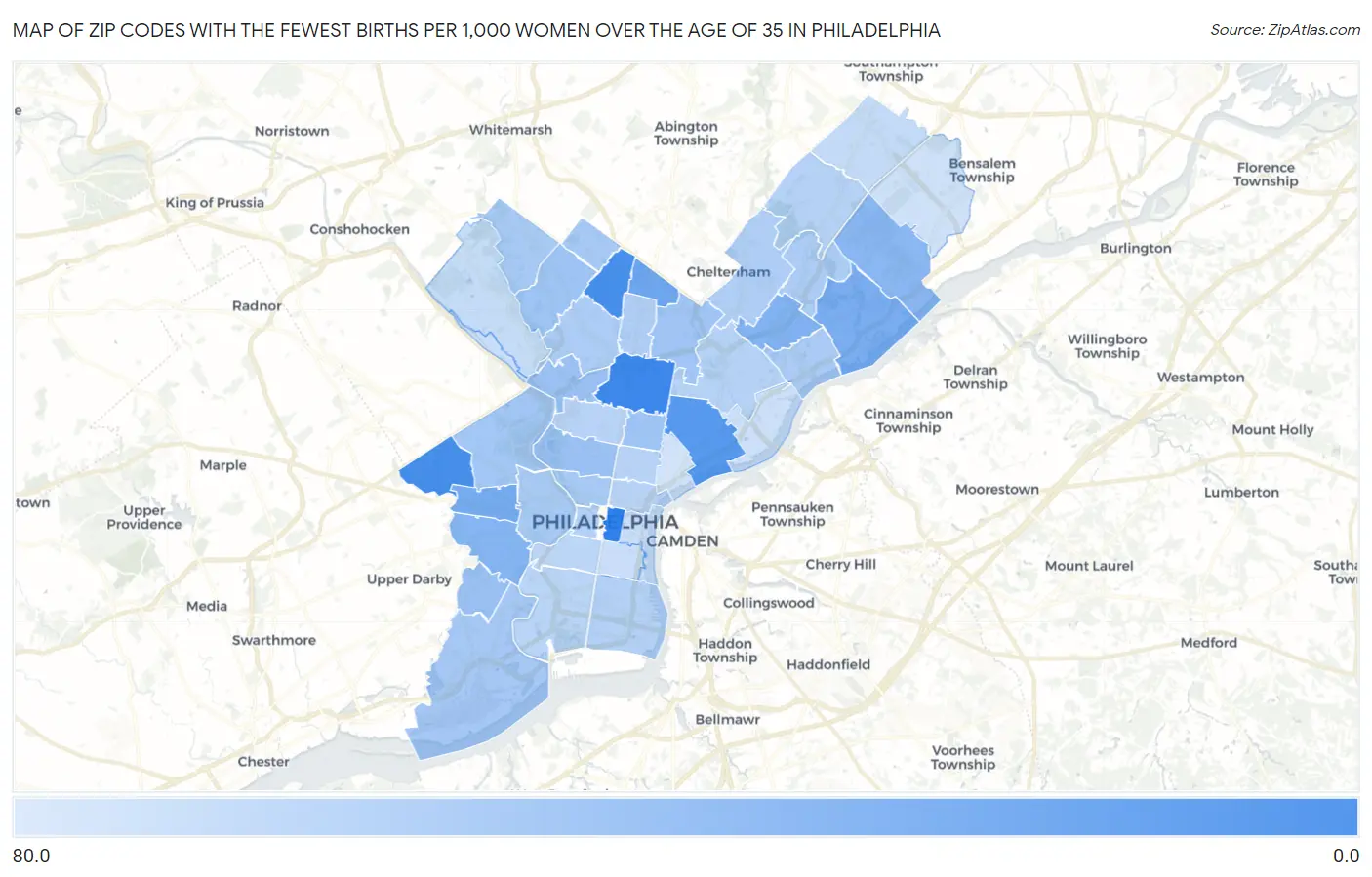Zip Codes with the Fewest Births per 1,000 Women Over the Age of 35 in Philadelphia Map