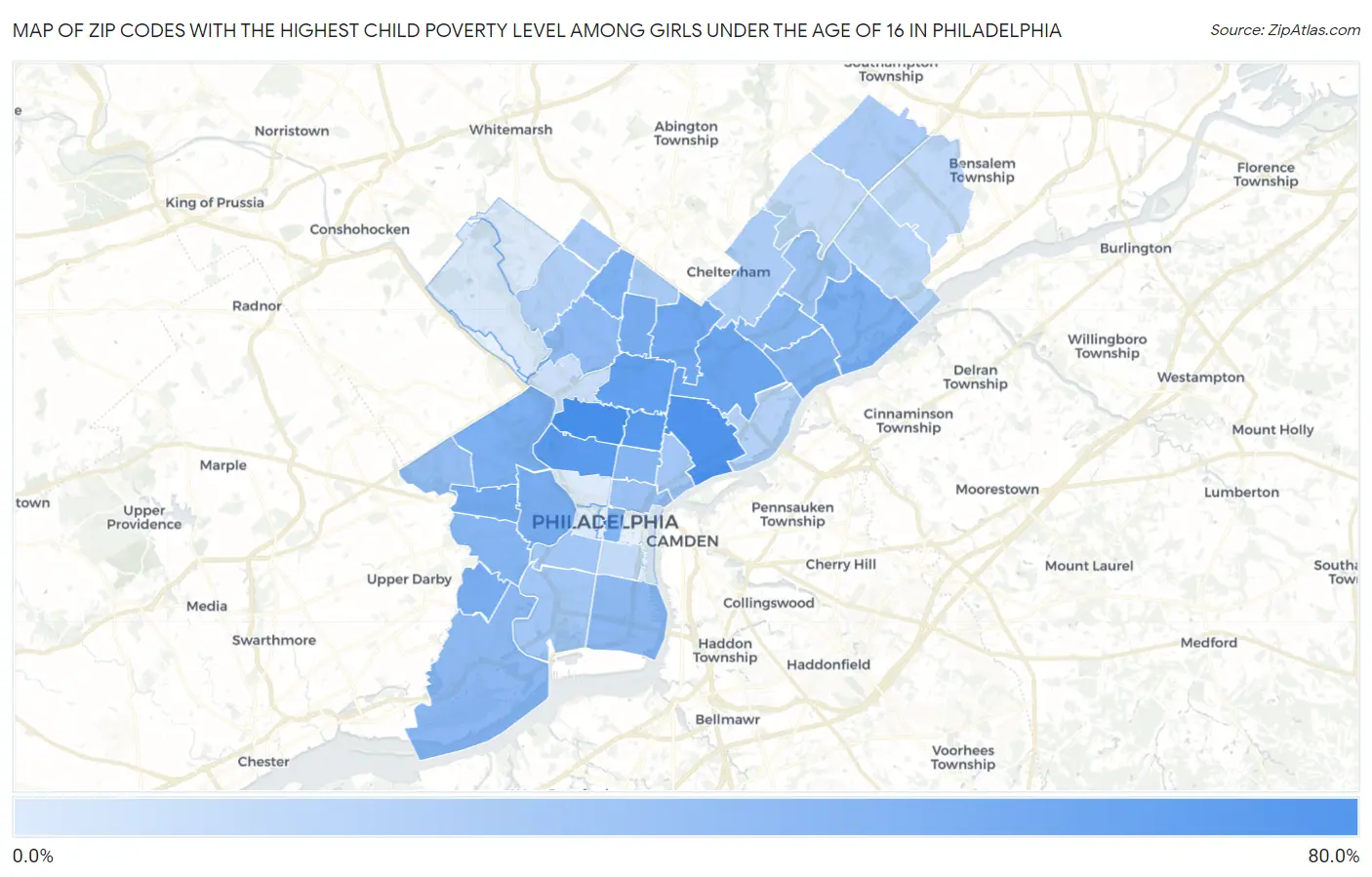 Zip Codes with the Highest Child Poverty Level Among Girls Under the Age of 16 in Philadelphia Map