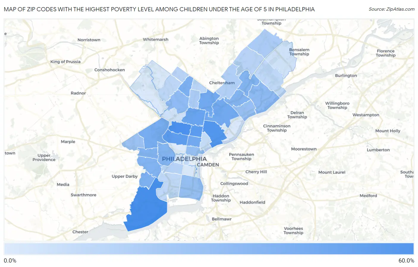 Zip Codes with the Highest Poverty Level Among Children Under the Age of 5 in Philadelphia Map