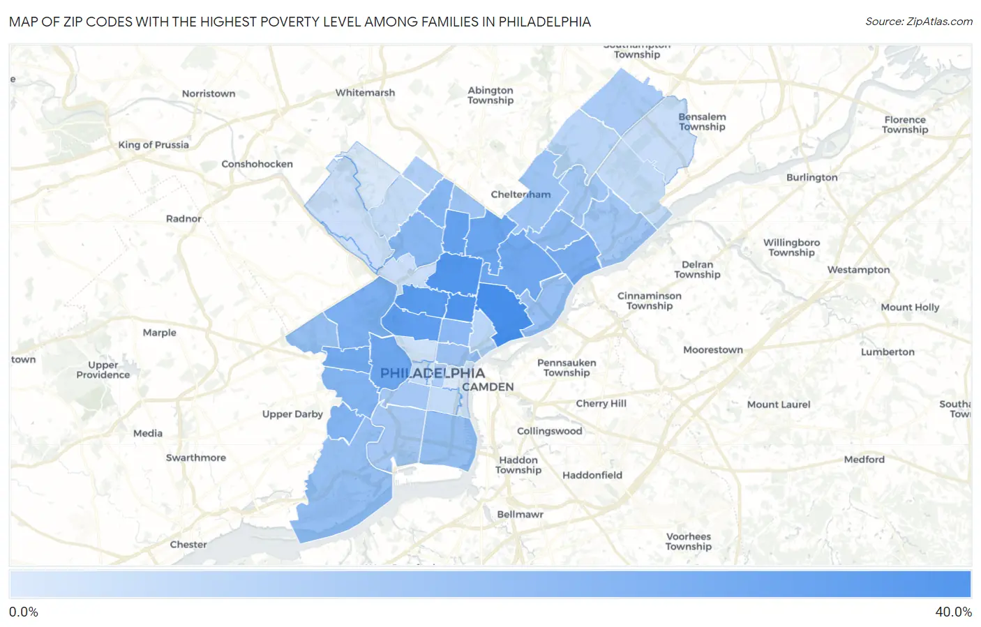 Zip Codes with the Highest Poverty Level Among Families in Philadelphia Map